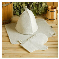 Набор банный белый 3 предмета без вышивки (шапка  варежка коврик) в плёнке Добропаровъ