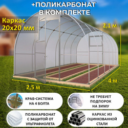 Теплица Арочная (Поликарбонат в комплекте) 2 5 х 4 метра  оцинкованный каркас 20х20 мм Боярская TEPLITSA RUS