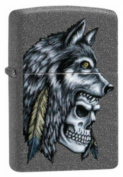 Оригинальная бензиновая зажигалка ZIPPO Classic 29863 Wolf Skull Feather Design с покрытием Iron Stone™  Волк Череп и Перо