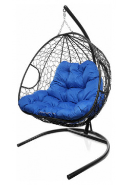 Подвесное кресло из ротанга "Для двоих" черное с синей подушкой M GROUP П