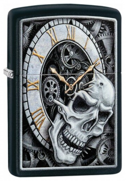 ZIPPO Зажигалка Skull Clock с покрытием Black Matte латунь/сталь чёрная матовая 38x13x57 мм 29854 