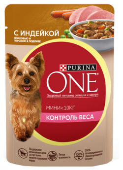 PURINA ONE MINI / Влажный корм Паучи Пурина УАН для взрослых собак мелких пород при склоннности к набору веса с индейкой (цена за упаковку) 82469