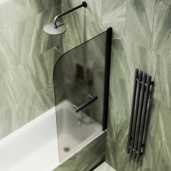 Шторка на ванну поворотная с полотенцедержателем MaybahGlass 140х50 профиль черный  стекло бронзовое матовое MGV 772 6