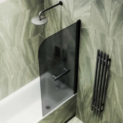 Шторка на ванну поворотная с полотенцедержателем MaybahGlass 140х40 профиль черный  стекло графит матовый MGV 768 6