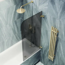 Шторка на ванну поворотная MaybahGlass 140х70 профиль золотой  стекло графит MGV 654 3