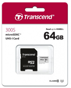 Карта памяти Transcend microSD 64GB TS64GUSD300S A ( + adapter) Тип: microSDXC