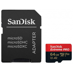 Карта памяти 64Gb  SanDisk Extreme Pro Micro Secure Digital XC Class 10 UHS I A2 C10 V30 U3 SDSQXCU 064G GN6MA с переходником под SD