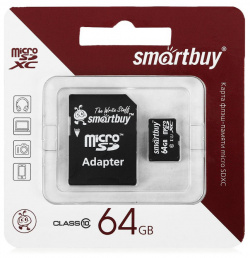 Карта памяти 64Gb  SmartBuy Micro Secure Digital HC Class 10 SB64GBSDCL10 01 с переходником под SD