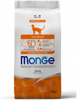 Monge Cat Monoprotein Sterilised Duck корм для взрослых стерилизованных кошек (Утка  10 кг )