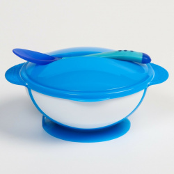 Набор для кормления: миска на присоске 340 мл  с крышкой термоложка цвет синий Крошка Я 0919707