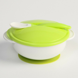 Набор детской посуды: миска на присоске 400мл  с крышкой ложка цвет белый/зеленый Крошка Я 0919691