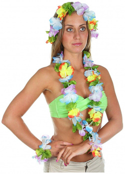 Набор гавайская тема 4 в 1: ожерелье  венок 2 браслета многоцветные цветы Страна Карнавалия 0707395