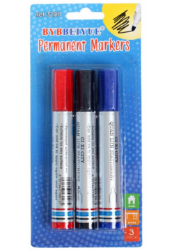 Набор перманентных маркеров  3 цвета: синий красный черный наконечник круглый 4 мм на блистере No brand 03694392