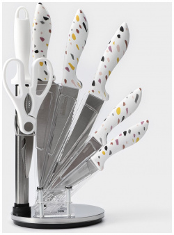 Набор ножей кухонных на подставке доляна sparkle  7 предметов: 5 мусат и ножницы 06631142