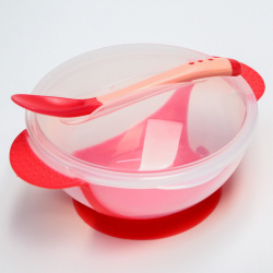 Набор для кормления: миска на присоске 340 мл  с крышкой термоложка цвет красно бежевый Mum&Baby 0443212