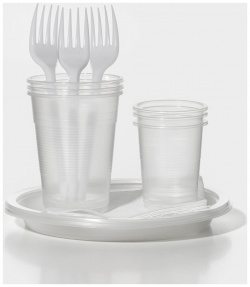 Набор одноразовой посуды на 3 персоны  стакан 200 мл стопка 100 вилки тарелки плоские d=16 5 см бумажные салфетки Не ЗАБЫЛИ 011551134