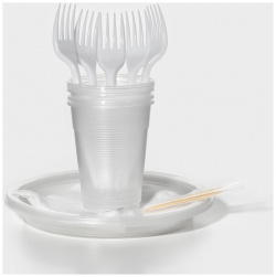 Набор пластиковой одноразовой посуды на 5 персон  стакан 200 мл вилки тарелки плоские d=16 см зубочистки бумажные салфетки Не ЗАБЫЛИ 011630751