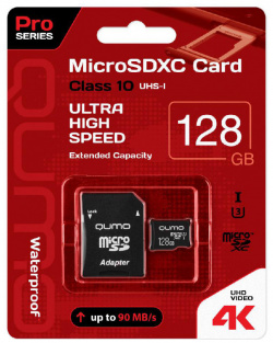 Карта памяти Qumo microSDXC 128GB Pro series Class 10 UHS I  U3 + SD адаптер Черный QM128GMICSDXC10U3