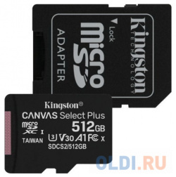 Флеш карта microSDHC 512GB Class10 Kingston  UHS I Canvas Select up to 100MB/s с адапт SDCS2/512GB