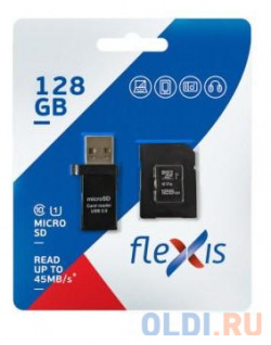 Карта памяти microSDXC 128GB Cl10 U1  c адаптером и USB картридером Flexis FX128GMSDXCU1