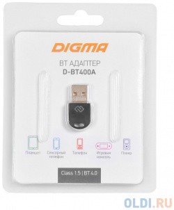 Адаптер USB Digma D BT400A Bluetooth 4 0+EDR class 1 5 20м черный