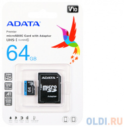 Карта памяти 64GB Adata Premier MicroSDXC UHS I A1 Class 10 100/25 MB/s с адаптером A Data AUSDX64GUICL10A1 RA1 