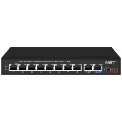 Passive PoE коммутатор Fast Ethernet на 10 портов  Порты: 8 х FE (10/100 Base T 52V 4 5(+) 7 8(–)) совместимы с (IEEE 802 3af/at) 2 x NST NS SW 8F2F P/A