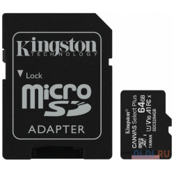 Карта памяти microSDXC 64GB Kingston Class10 UHS I Canvas Select up to 100MB/s с адапт (SDCS2/64GB 3P1A) SDCS2/64GB 3P1A 