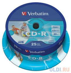 Диски CD R 80min 700Mb Verbatim  52x 25 шт Cake Box DL Printable 43439