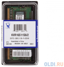 Оперативная память для ноутбука Kingston KVR16S11S6/2 SO DIMM 2Gb DDR3 1600 MHz