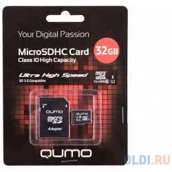 Карта памяти Micro SDHC 32Gb class 10 QUMO QM32GMICSDHC10U1 + SD adapter 
