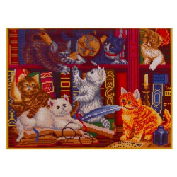 Алмазная мозаика на подрамнике "Игривые котята в библиотеке"  40х50 см –