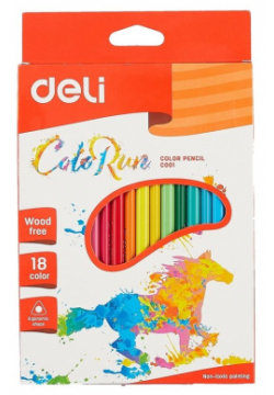 Карандаши цветные 18цв "Color Run" пластик  трехгранные к/к подвес DELI К