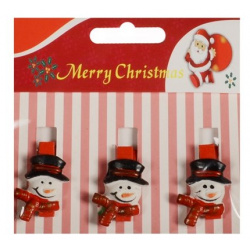 Набор прищепок декоративных в пакете с хедером  3 шт полистоун снеговик красном шарфике