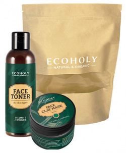 ECOHOLY Набор Тоник для сухой кожи  Зеленая глина Гель умывания успокаивающий с витамином Е Face Toner Dry Skin Types + Clay Mask Green Cleansing Gel ECY000032