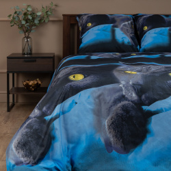 Комплекты постельного белья Amore Mio amm556827 Постельное белье Meow цвет: синий  черный серый (2 сп)
