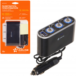 разветвитель прикуривателя  3 гнезда 5А + USB 1A с выключателями нагрузки\ AIRLINE ASP 3S 15