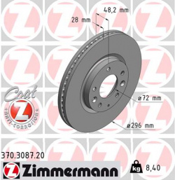 Тормозной диск ZIMMERMANN 370 3087 20 вентилируемый передний мост 