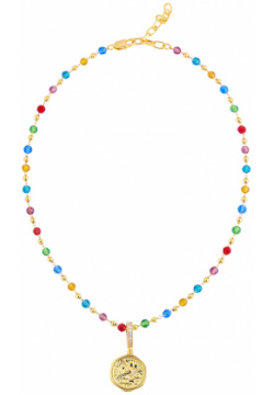 Aqua Разноцветное колье бусы с рельефным золотистым медальоном 74353