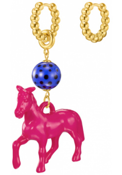 Kotlo Studio Fuchsia Horse  Золотистые серьги с ярко розовой лошадкой и синей бусиной Мурано 449782