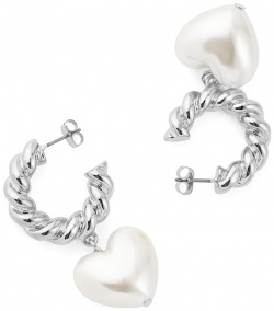 Aqua Серебристые серьги кольца с жемчужными сердцами 455085