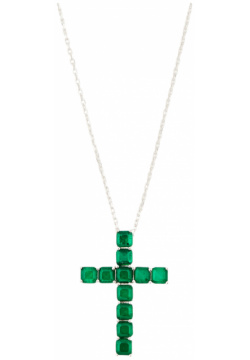 Holy Silver Тонкая цепочка из серебра с подвеской крестом зелеными квадратными кристаллами 465290