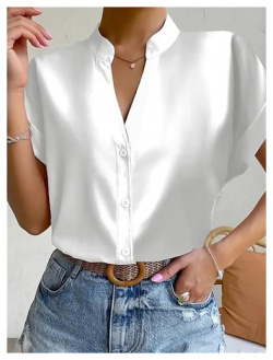 Mujer Camisa Blusa Plano Trabajo Botón Blanco Manga Corta Elegante Moda Negocios Cuello Mao lightinthebox 
