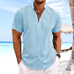 Hombre Camisa de lino Guayabera manga corta verano playa Blanco Azul Marino Piscina Plano Cuello Casual Diario Ropa lightinthebox 