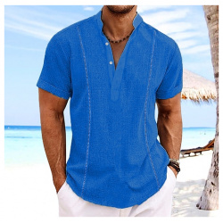 Hombre Camisa de lino Guayabera manga corta verano playa Blanco Azul Marino Piscina Plano Cuello Casual Diario Ropa lightinthebox