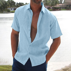 Hombre camisa de lino verano playa Negro Blanco Rosa Manga Corta Color sólido Cuello Vuelto Hawaiano Festivos Ropa Abotonar lightinthebox 