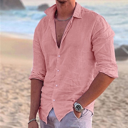 Hombre Camisa de lino verano Ropa playa Abotonar la Negro Blanco Rosa Manga Larga Color sólido Cuello Vuelto Primavera Exterior Calle lightinthebox 