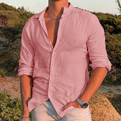 Hombre Camisa de lino verano playa Negro Blanco Rosa Manga Larga Color sólido Cuello Vuelto Primavera Exterior Calle Ropa Abotonar lightinthebox