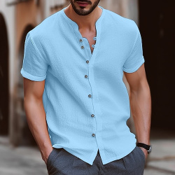 Hombre Camisa de lino verano playa Negro Blanco Azul Piscina Manga Corta Plano Cuello alto Casual Diario Ropa lightinthebox