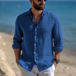 Hombre Camisa de lino Abotonar la casual playa Negro Blanco Rosa Manga Larga Plano Diseño Primavera verano Diario Ropa lightinthebox 